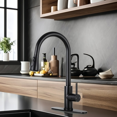 Matte schwarzer Küchenhahn mit Pull-Down-Sprayer und modernem Design aus Messing